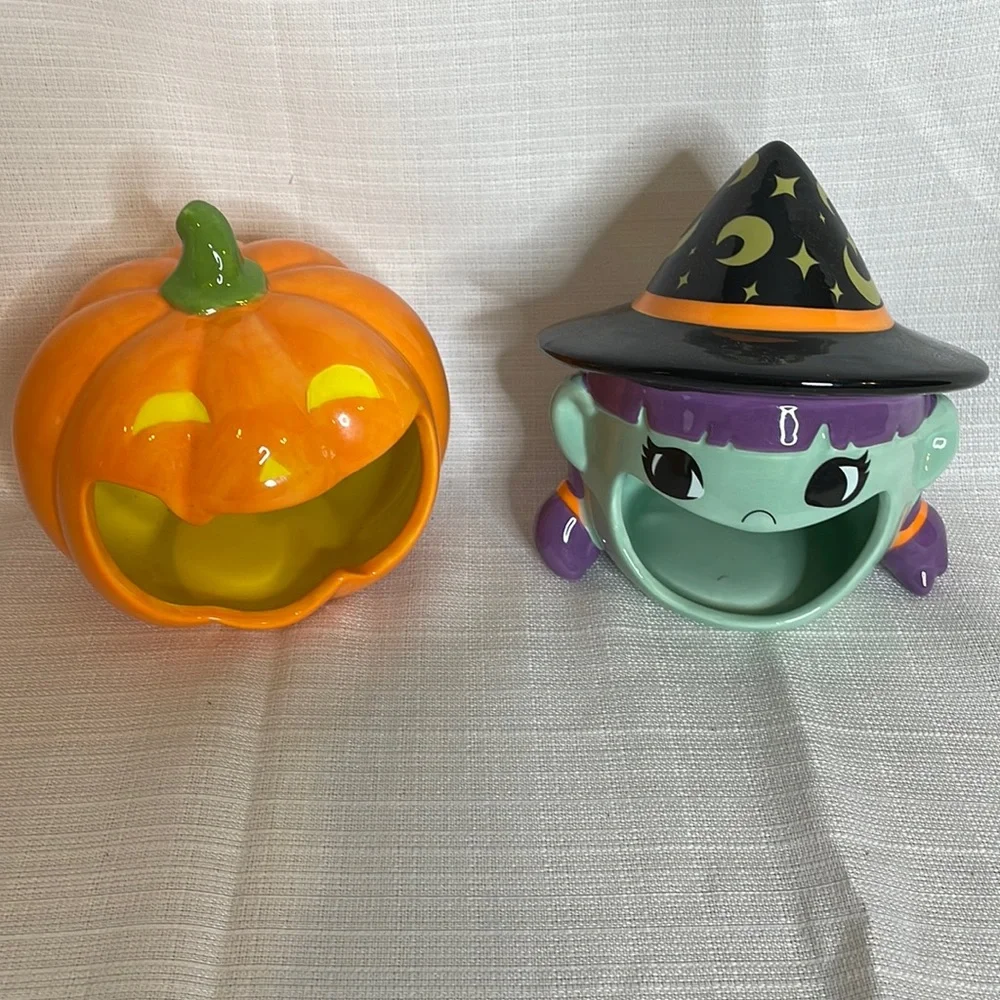 EUC TARGET Ceramic Pumpkin and Witch Open Mouth Candy Dish Halloween